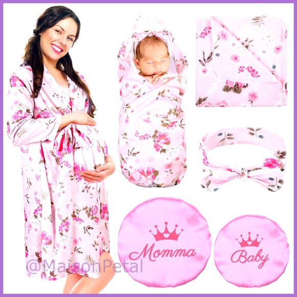 Cotton Maternity Robe Swaddle Set with Matching Caps Headband